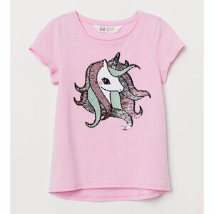 H&M Girls Sequin Flip Short Sleeve Top - Pink Unicorn